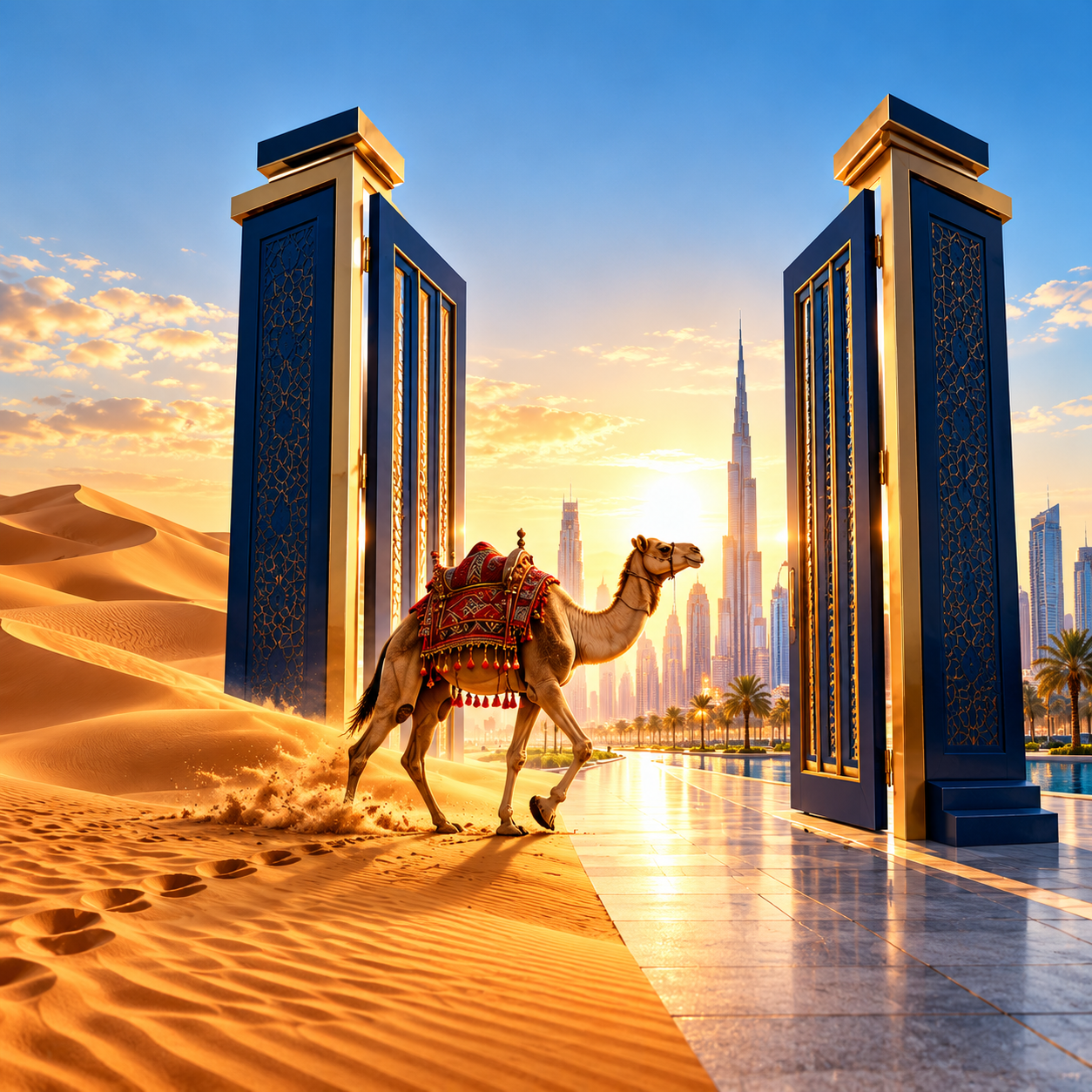 A camel crossing a golden desert through Porta's navy and gold gateway into a modern city